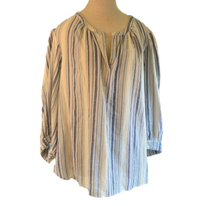 Chaps sz 3X gauzy chambray striped 3/4 length sleeve split neck blouse
